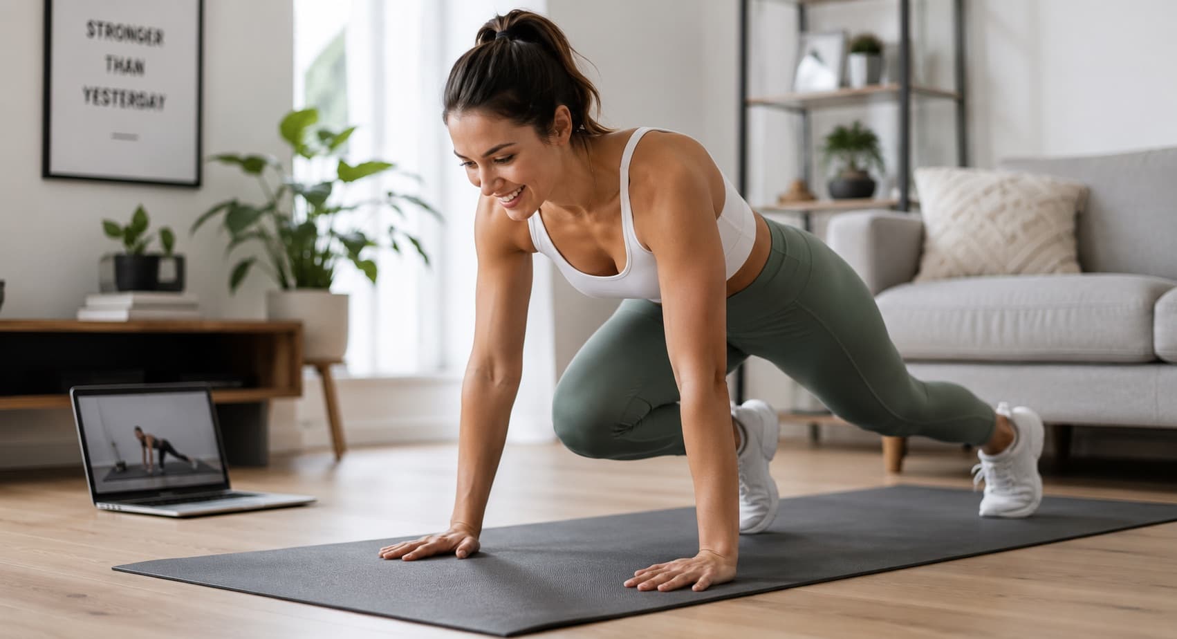 A woman training at home on a mat, following her ARMORY online program on a laptop